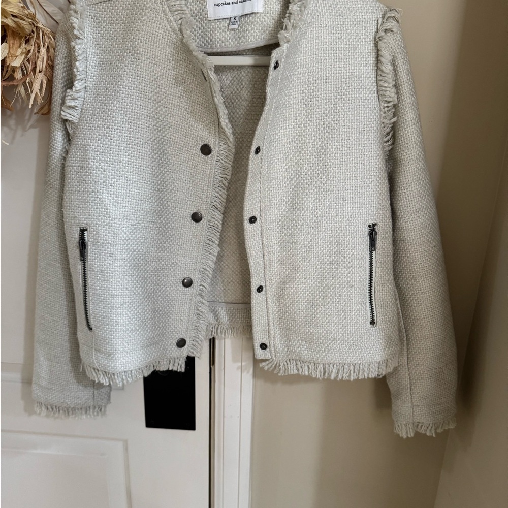 Cupcakes & Cashmere Fringe Jacket - Light Gray